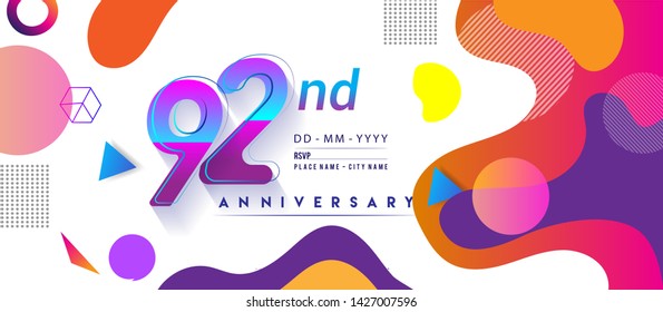 92nd years anniversary logo, vector design birthday celebration with colorful geometric background and circles shape.