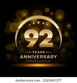 92th Anniversary Celebration. Logo design with golden ring and text for anniversary celebration event, invitation, wedding, greeting card, banner, poster, flyer, brochure. Logo Vector Template