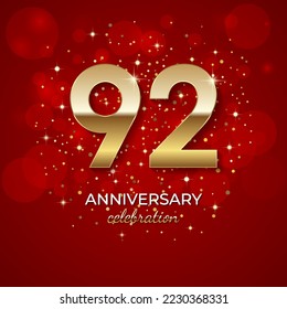 92th Anniversary. Golden number 92 with sparkling confetti and glitters for celebration events, weddings, invitations and greeting cards. Realistic 3d sign. Vector festive illustration