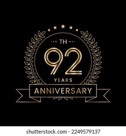 92th Anniversary logo design with laurel wreath for celebration event, invitation, banner, poster, flyer, greeting card. Line Art Design, Logo Vector Illustration
