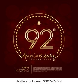 92th anniversary logo with double line number and golden text for birthday celebration event, invitation, banner poster, flyer, and greeting card, vector template