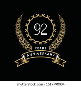 92th anniversary logo with gold and white frame and color. on black background