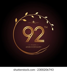 92th anniversary logo with golden number for celebration event, invitation, wedding, greeting card, banner, poster, and flyer Golden tree vector design