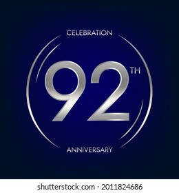 92th anniversary. Ninety-two years birthday celebration banner in silver color. Circular logo with elegant number design.