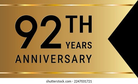 92th Anniversary. Anniversary template design with golden text and ribbon for birthday celebration event. Vector Template Illustration