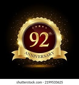 92th golden anniversary logo, with shiny ring and golg ribbon, isolated on black background, vector design