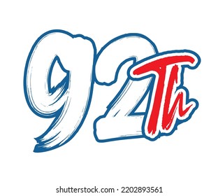 92th Ordinal Number counting vector art illustration with stunning font on red trim blue on white background