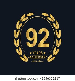 92th Years Anniversary celebration. Vector Template festive illustration Golden Color,. Birthday or wedding party event decoration.