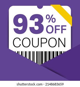 93% Coupon promotion sale for a website, internet ads, social media gift 93% off discount voucher. Big sale and super sale coupon discount. Price Tag Mega Coupon discount with vector illustration.