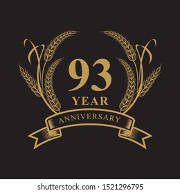 93 golden anniversary logo with ring and ribbon, laurel wreath vector design isolated on black background