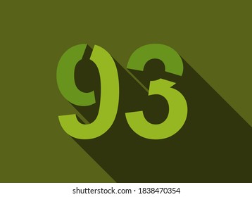 93 Number with long shadow, green colors cutting style. For logo, brand label, design elements, corporate identity, application & more. Vector editable illustration.