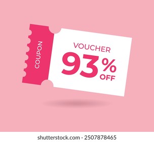 93% off Sale Voucher Coupon. Ninety three percent promotion illustration. Tag label, sale banner with discount coupon. Pink Vector gift voucher.