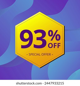 93% Sale and Discount Label. Ninety three percent Sale Discount label Geometric design. Abstract Blue and Yellow Hexagon. Vector illustration.