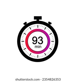 93 timer minutes symbol, 93 min timer clock icon flat design isolated on white background.