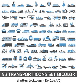 93 Transport icons set bicolor (blue and gray colors), vector illustrations, silhouettes isolated on white background svg