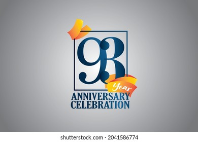 93 Year Anniversary Blue Color with Block Frame and Orange Yellow Ribbon - Vector