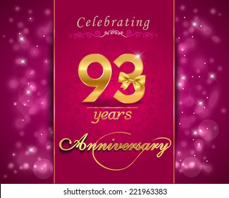 93 year anniversary celebration sparkling card, 93rd anniversary vibrant background - vector eps10