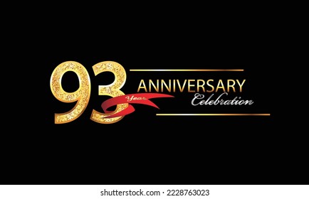 93 Year Anniversary celebration Vector Design. 93rd Anniversary celebration. Gold Luxury Banner of 93rd Anniversary celebration with red ribbon and glitter. Background celebration. Vector anniversary