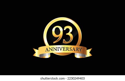 93 year anniversary logo celebration with ring and ribbon. 93rd Anniversary celebration. Gold Luxury Banner of 93rd Anniversary celebration. Vector anniversary