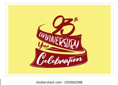 93 year anniversary Red Ribbon, minimalist logo, greeting card. Birthday invitation. Red space vector illustration on yellow background - Vector