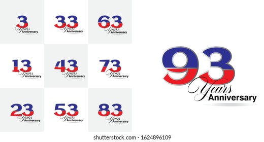 93 Year Anniversary Set 3, 13, 23, 33, 43, 53, 63, 73, 83 Vector Template Design Illustration