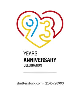 93 Years Anniversary Celebration Decoration Colorful Number Bounded By A Loving Heart Modern Love Line Design Logo Icon White Background