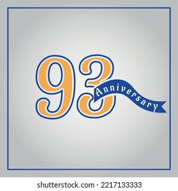 93 Years Anniversary celebration logotype colored with yellow and blue, using blue ribbon and isolated on gray background.