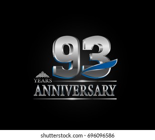 93 years anniversary celebration logotype. anniversary logo with silver color and blue wing isolated on black background, vector design for celebration, invitation card, and greeting card