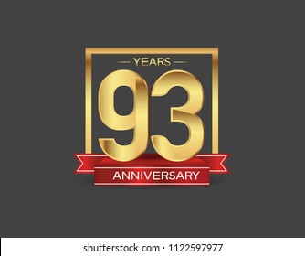 93 years anniversary design logotype golden color with square and red ribbon for celebration event isolated on black background