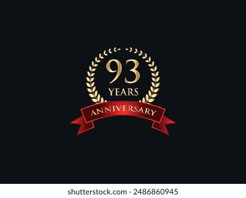 93 Years Anniversary Logo. Celebrating Success. Symbol of Eternal Achievement. Proud Heritage. Logo with Laurel Wreath and Ribbon. Years of Glorious Memories. Jubilee of Joy. Golden Celebratory Crest.