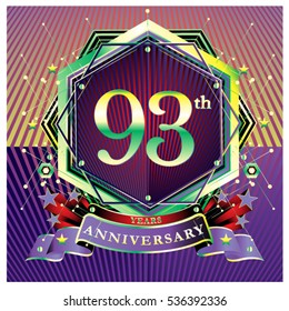 93 years anniversary logo celebration with ring and ribbon. Symbol and template for greeting card.