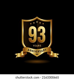 93  years anniversary logo with golden shield and ribbon for booklet, leaflet, magazine, brochure poster, banner, web, invitation or greeting card. Vector illustrations.