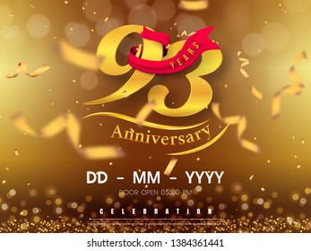 93 years anniversary logo template on gold background. 93rd celebrating golden numbers with red ribbon vector and confetti isolated design elements