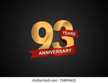 93 years anniversary logotype with elegance gold color and warp red ribbon
