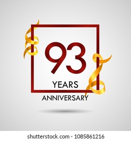 93 years anniversary with red number design inside red square and golden ribbon element, isolated on white background can be used as celebration card