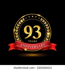 93 Years Anniversary template design, with shiny ring and red ribbon, laurel wreath isolated on black background, logo vector
