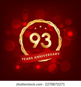 93 years anniversary. Anniversary template design with gold number and red ribbon, design for event, invitation card, greeting card, banner, poster, flyer, book cover and print. Vector Eps10