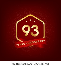 93 years anniversary. Anniversary template design with gold number and red ribbon, design for event, invitation card, greeting card, banner, poster, flyer, book cover and print. Vector Eps10
