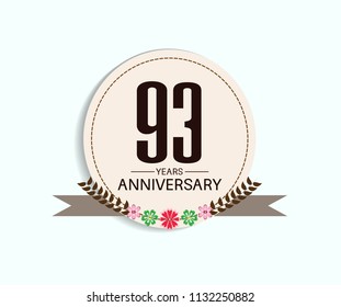 93 years anniversary with vintage style soft brown circle and flower isolated on white background for special celebration event