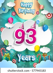 93 Years Birthday Design for greeting cards and poster, with clouds and gift box, balloons. design template for anniversary celebration.