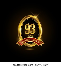 93 years golden anniversary logo with red ribbon and oval ring