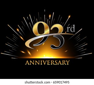 93 years golden anniversary logo celebration with firework and swoosh on dark background