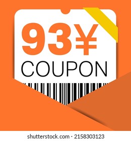 93 Yen Coupon promotion sale for a website, internet ads, social media gift 93 Yuan off discount voucher. Big sale and super sale coupon discount. Price Tag Mega Coupon discount vector illustration.