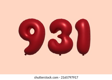 931 globo 3d número hecho de renderización 3d de globo metálico realista. Globos 3D de helio rojo para la venta decoración Fiesta Cumpleaños, Celebración de Aniversario, Fiesta de la Boda. Ilustración del vector