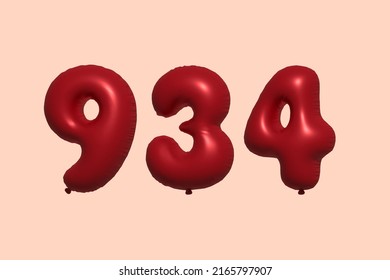 934 3d number balloon made of realistic metallic air balloon 3d rendering. 3D Red helium balloons for sale decoration Party Birthday, Celebrate anniversary, Wedding Holiday. Vector illustration