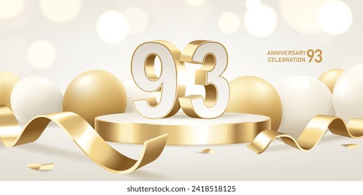 93rd Anniversary celebration background. Golden 3D numbers on round podium with golden ribbons and balloons with bokeh lights in background.