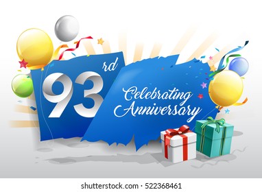 93rd anniversary celebration with colorful confetti and balloon on blue background with shiny elements. design template for your birthday party.