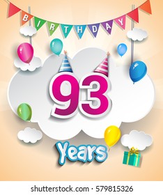 93rd Anniversary Celebration Design, with clouds and balloons. using Paper Art Design Style, Vector template elements for your, ninety three years birthday celebration party.