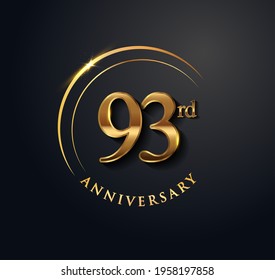 93rd Anniversary Celebration. Anniversary logo with ring and elegance golden color isolated on black background, vector design for celebration, invitation card, and greeting card.