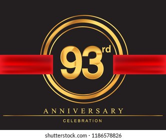 93rd anniversary design logotype golden color with ring and red ribbon for anniversary celebration, elegant design.